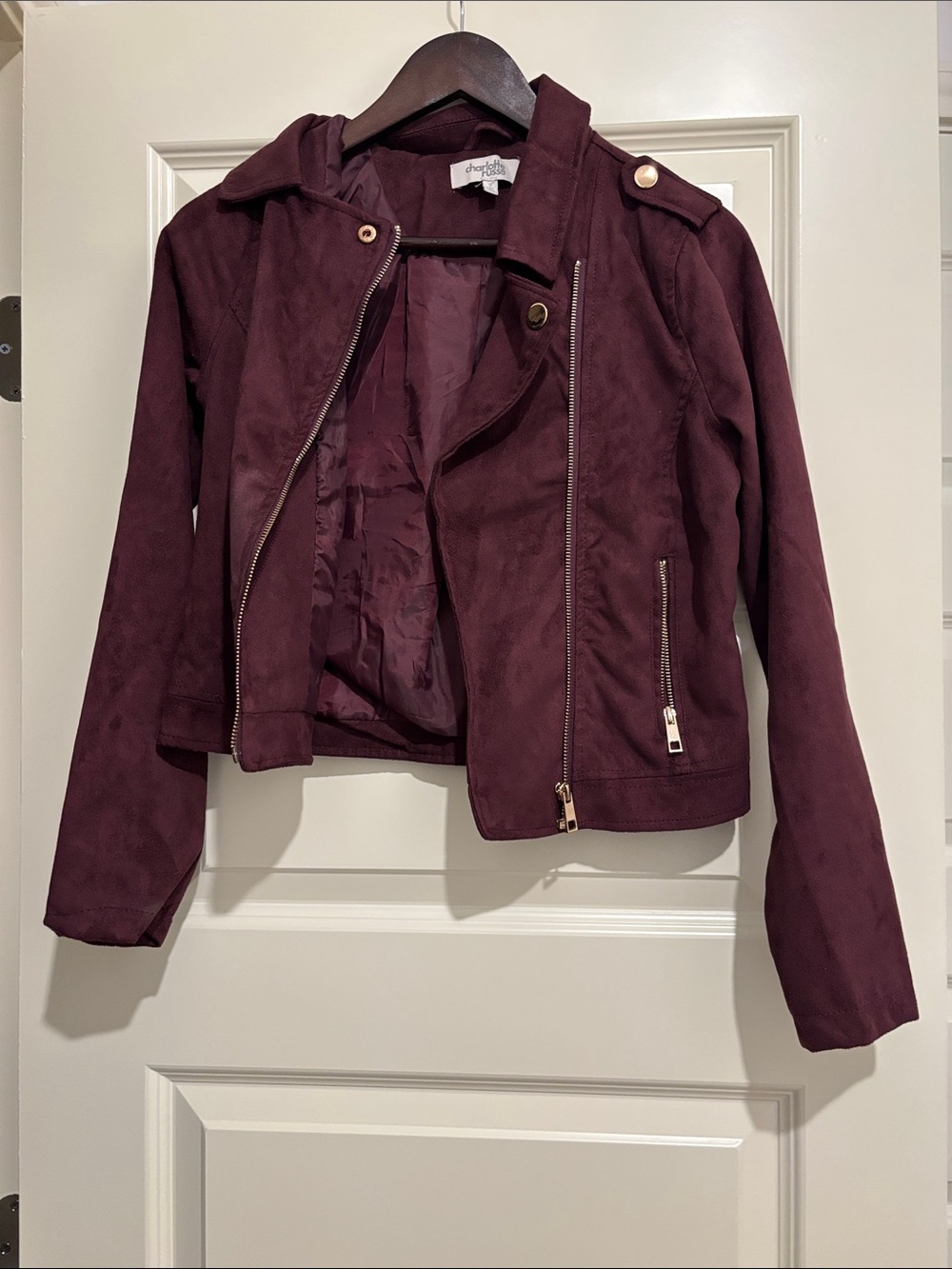 Charlotte Russe Deep Burgundy Moto Jacket with Gold Hardware